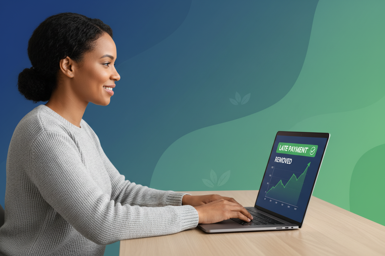 A calm, confident person smiling while checking their credit report on a laptop, showing “Late Payment Removed” or rising credit score graph in the background. Minimalist modern background with green and blue hues, symbolizing financial recovery and relief.