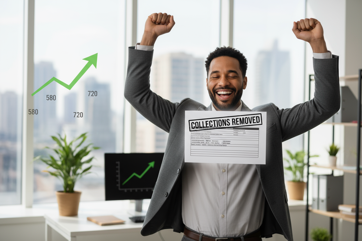 A relieved customer celebrating after paying off or clearing collections, with a document marked “Collections Removed” or a clean credit report. Subtle digital graphics showing score increase, office background, realistic photo style with bright lighting.
