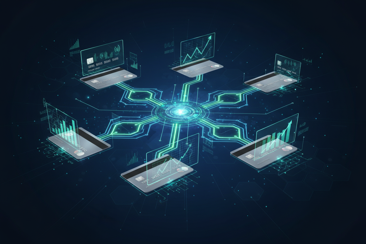 Modern digital concept image showing multiple connected credit cards or credit lines on a glowing financial network, symbolizing tradelines and credit history building. Futuristic clean design with blue and green lighting, representing trust, growth, and financial power.